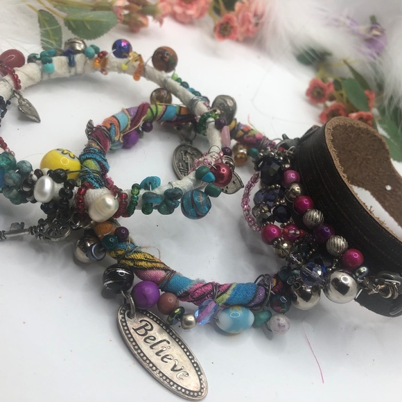 Buckle up beaded bracelet and then 2 bangles wrapped in silk and beads - Picture 5 of 5